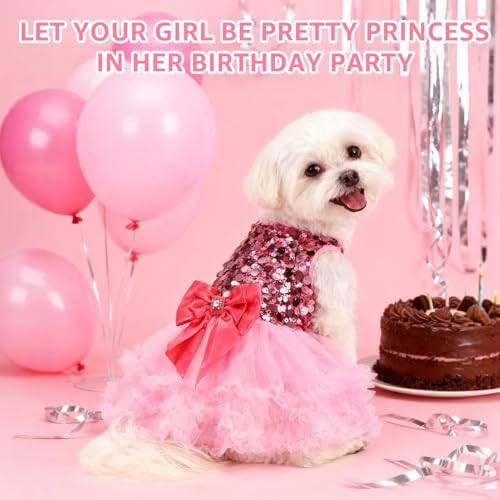 SCENEREAL Pink Dog Dress Princess Costume, Sparkly Tutu Dresses Bowknot Vest Funny Pet Halloween Costumes, Puppy Queen Outfit Christmas Birthday Clothes for Small Medium Girl Dogs Large Big Cats M - Image 4