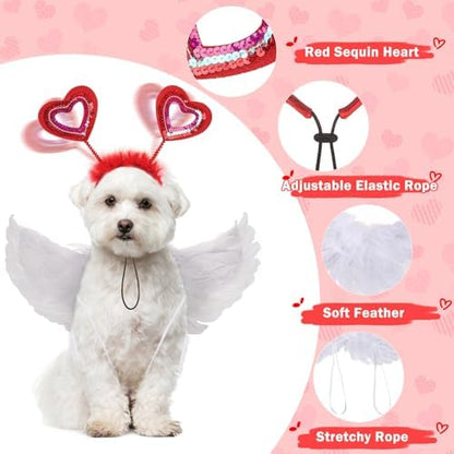 SCENEREAL Dog Valentine's Day Outfit, White Feather Wing & Heart Headband & Bandana Set, Red Puppy Kitty Party Supplies for Small Medium Dogs Cats, Pet Costumes - Image 5