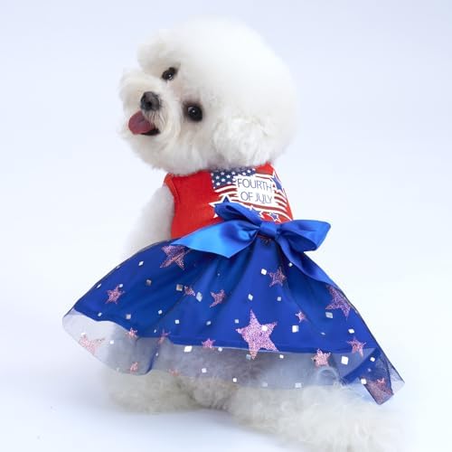 XPUDAC 4th of July Tulle Dog Dress Patriotic Clothes Doggie Outfit with Bow Independence Stars Skirt Pet Holiday Apparel for Small Dog Girl Cat, M by XPUDAC