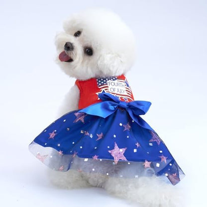 XPUDAC 4th of July Tulle Dog Dress Patriotic Clothes Doggie Outfit with Bow Independence Stars Skirt Pet Holiday Apparel for Small Dog Girl Cat, L by XPUDAC