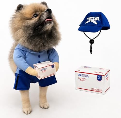 Postman Blue Pet Halloween Costume, Plush Parcel and Postman Hat - Small to Medium-Large Breed Funny Clothes Outfit Apparel (Medium) by POPERIE