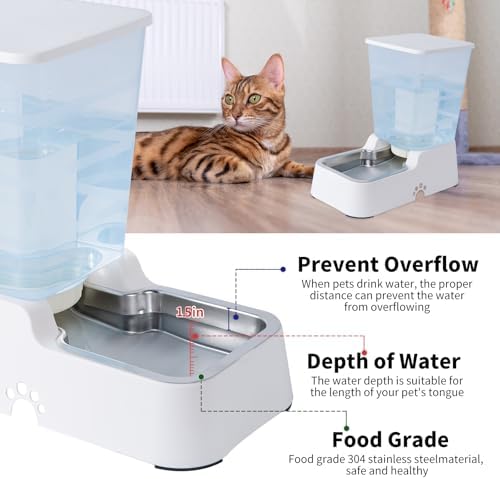 Meikuler Automatic Dog Cat Water Dispenser Large Capacity 5Lfor Cats and Medium and Large-Sized Dogs with Stainless Steel Bowl (White, 5L)