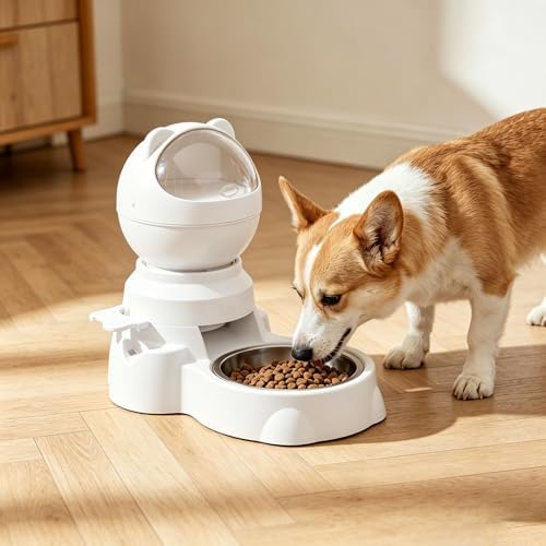 Automatic Gravity Pet Feeder Dispenser,Treat Dispenser with Button for Slow Feeder,Dog Waterer and Food Feeder for Cats Dogs (White)