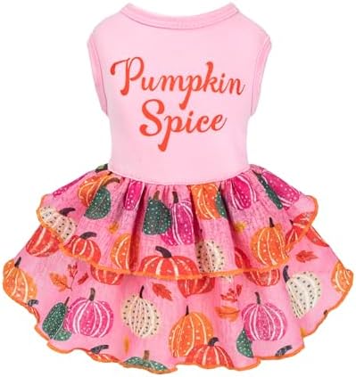 Fitwarm Pumpkin Spice Dog Dress, Thanksgiving Outfit for Small Dogs Girl, Festive Pet Clothes, Pink, Small by Fitwarm