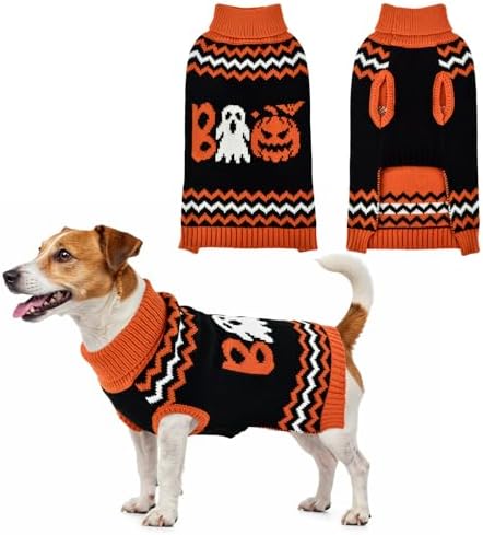 Halloween Dog Stripe Sweater Cute Pumpkin Ghost Pattern Pet Knitwear Clothes Festival Boo Letters Outfits Halloween Costume for Small Middle Large Dogs S by LyssKMK