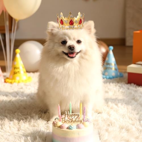 Dog Rhinestone King Crown Pet Queen Crown for Birthday Halloween Costumes (Red, Gold, Small) - Image 2