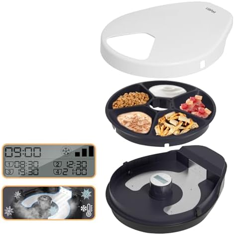 UBPET Cat Wet Food Automatic Feeder with Cooling, Semiconductor Refrigeration, with Timer, 5 Food Compartments for 330g Pet Food Each, Premium Meal Plates, Washable, for Cats