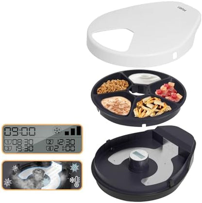 UBPET Cat Wet Food Automatic Feeder with Cooling, Semiconductor Refrigeration, with Timer, 5 Food Compartments for 330g Pet Food Each, Premium Meal Plates, Washable, for Cats