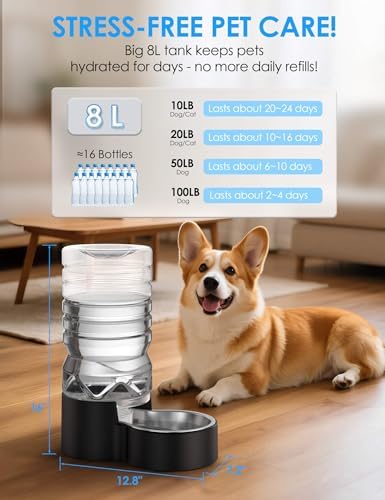 Heouvo 2.1 Gal Gravity Dog Water Dispenser, Wide-Mouth, 3 Filters, Black
