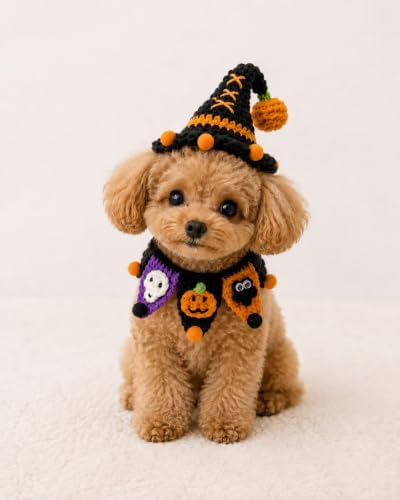 Hand-Knit Pet Costume Hat & Bib Cats Dogs Festive Apparel (Witch) - Image 2