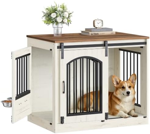 Hzuaneri 31.5 in Dog Crate Furniture Indoor Dog Kennel with 2 Feeding Bowls