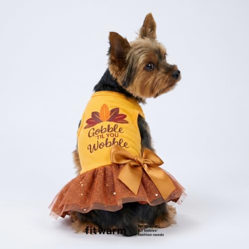 Fitwarm Gobble 'til You Wobble Dog Dress, Funny Thanksgiving Outfit for Small Dogs Girl, Festive Pet Clothes, Yellow, Orange, XS - Image 2