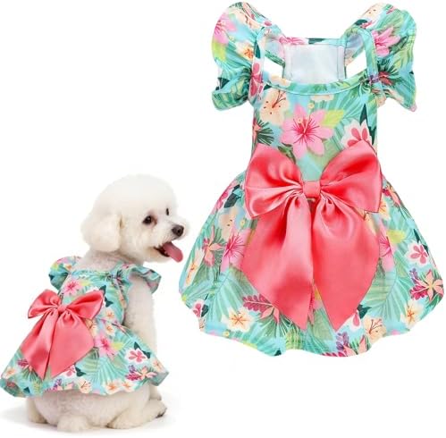 EXPAWLORER Dog Dress with Sleeve Ruffles, Floral Pet Dresses with Bow Tie for Small Meduim Dogs Puppy Cats Girl, Cute Princess Dog Dresses Skirt Clothes Outfits for Spring Summer, Green S by EXPAWLORER