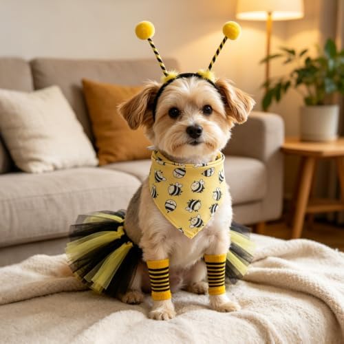 SCENEREAL Small Dog Halloween Costume, Bee Bandana Hat Dress Set with Leg Sleeve, 4pcs Puppy Party Supplies, Soft Triangle Scarf, Cute Tutu Skirt Outfit for Girl Boy Pet - Image 5