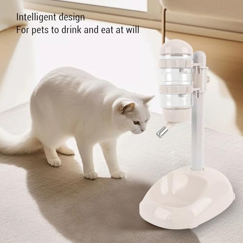 Cryfokt Pet Standing Water Dispenser, Plastic Height Adjustable 500ml Capacity Dog Water Bottle Dispenser Automatic Dog Feeding Station Food for PuppyBowl (Beige)