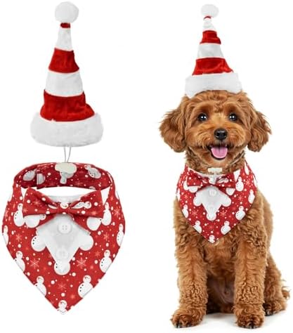 Christmas Snowman Pattern Dog Adjustable Tuxedo with Red White Stripe Santa Hat Xmas Puppy Costume Set Christmas Themed Outfits for Cats Puppy Dog S by PetToysSupplies