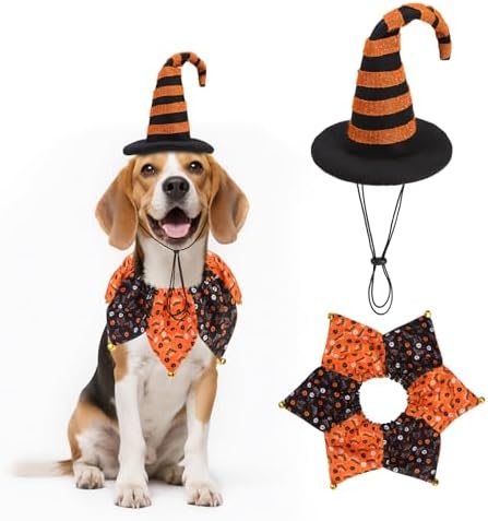 PAWCHIE Dog Halloween Costume,Halloween Collar Hat Set Pets Puppy Cat Halloween Outfit Apparel Cosplay, Dog Collar with Bells and Funny Hat Accessories Decoration for Small Medium Dogs 2 Pcs, Orange by PAWCHIE