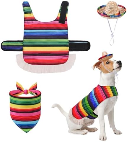 SCENEREAL Mexican Serape Dog Halloween Costume, Dog Hat Bandana Poncho Set by SCENEREAL