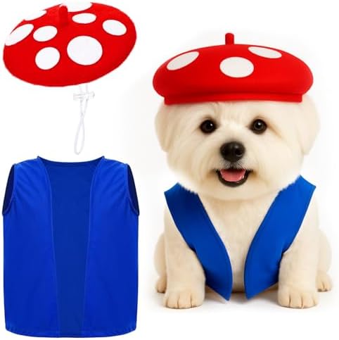 Halloween Mushroom Dog Costume Set, Mushroom Hat and Blue Vest by Huhumy