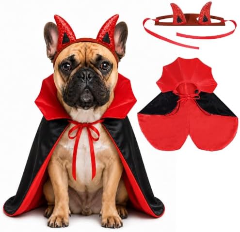 MOFASVIGI Dog Halloween Costume, Devil Horns Vampire Cape for Medium Dogs by Mofasvigi