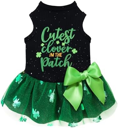 Fitwarm Cutest Clover in the Patch Dog Dress, St Patricks Day Dog Clothes for Small Dogs Girl, Funny Pet Cat Puppy Holiday Outfit, Black, Emerald Green, XS by Fitwarm