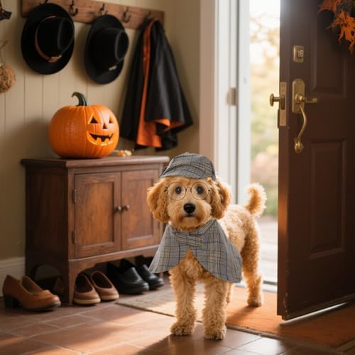 3 Pcs Dog Costume Set Detective Cloak Hat and Glasses for Small Dog Cat Detective Costume for Halloween Party Cosplay(Medium) - Image 4