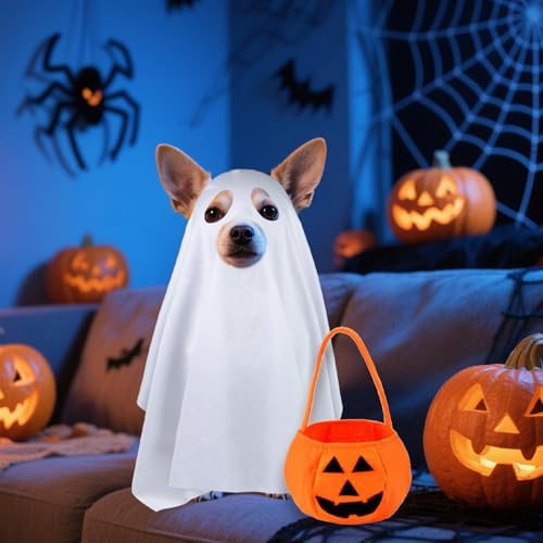Dog Halloween Costumes, Dog Ghost Costume Funny Pet Ghost Costume with Pumpkin Candy Bag for Small Medium Large Dogs Pets (Small) - Image 2