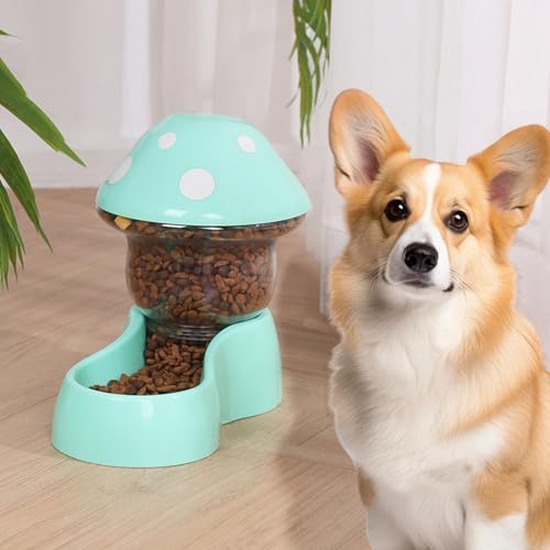 2025 Automatic Pet Feeder with Mushroom Shape for Cats Dogs Puppies Kittens Easy Clean Refill Dual Food Water Dispenser for Small Medium Pets at Home Travel (Green)
