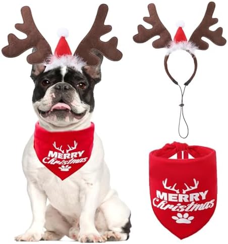 KOOLTAIL Christmas Dog Elk Reindeer Antler Headband with Santa Hat & Bandana Set, Dog Pet Christmas Costume Accessories Headwear Deer Cosplay for Small Medium Large Dogs Cats Puppy Holiday New Year by KOOLTAIL