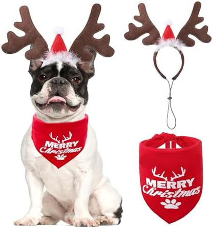 KOOLTAIL Christmas Dog Elk Reindeer Antler Headband with Santa Hat & Bandana Set, Dog Pet Christmas Costume Accessories Headwear Deer Cosplay for Small Medium Large Dogs Cats Puppy Holiday New Year by KOOLTAIL