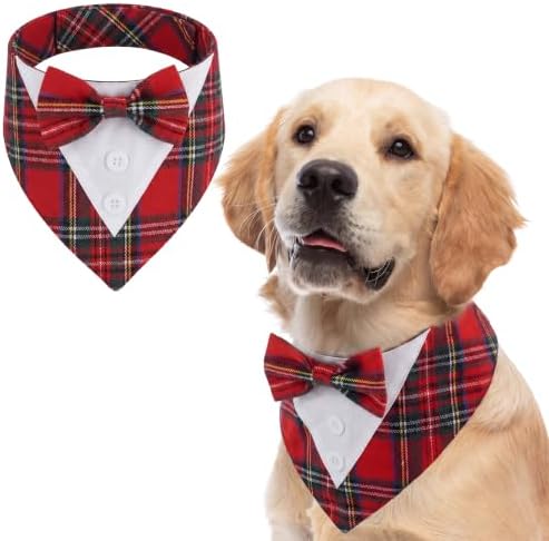 FUAMEY Christmas Bandana Dog Tuxedo Suit Holiday Plaid Dog Bandanas by FUAMEY