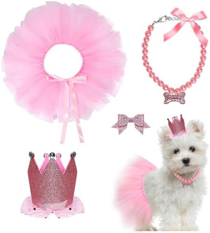 Dog Party Supplies Set - Pink Tutu Skirt, Birthday Hat, Necklace for Puppy Cat Halloween Wedding Costume by Gvhntk