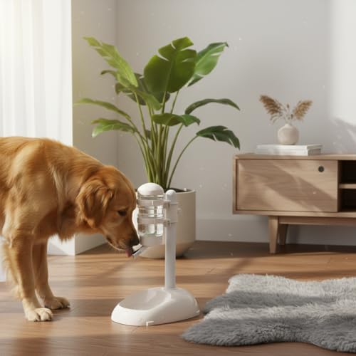 Cryfokt Pet Standing Water Dispenser, Plastic Height Adjustable 500ml Capacity Dog Water Bottle Dispenser Automatic Dog Feeding Station Food for PuppyBowl (Beige)