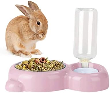 Rabbit Double Bowls Bunny Automatic Water Dispenser Detachable Stainless Steel Bowl No-Spill Water Bottle Food Feeder for Small Animals Bunny Squirrel Cat Puppy Chinchilla