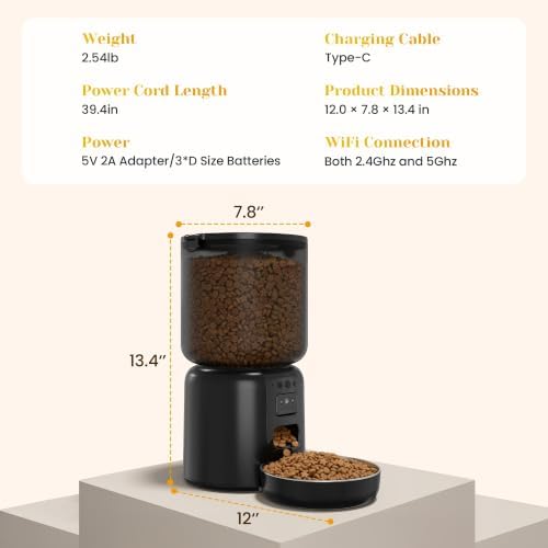 Fansafurn Automatic Cat Feeder with 2K HD Camera, Automatic Dog Feeder with App Control via 2.4G/5G WiFi, Dual Power System & Voice Recording, 4L Food Dispenser for Cats and Small Dogs, Black