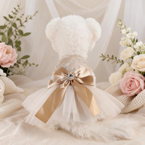 Handmade Floral Dog Dress with Bow, Princess Lace Pet Dress for Small Dogs and Cats, Lightweight Puppy Outfit N-Champagne X-Small - Image 5