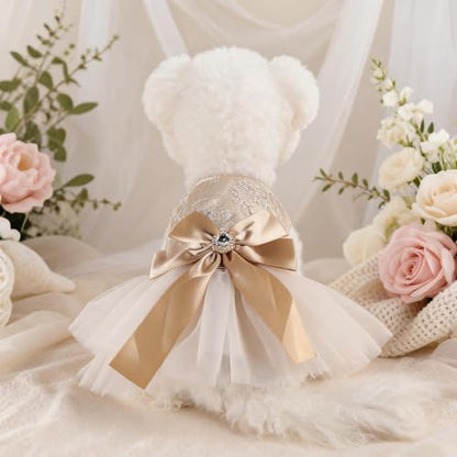 Handmade Floral Dog Dress with Bow, Princess Lace Pet Dress for Small Dogs and Cats, Lightweight Puppy Outfit N-Champagne X-Small - Image 5