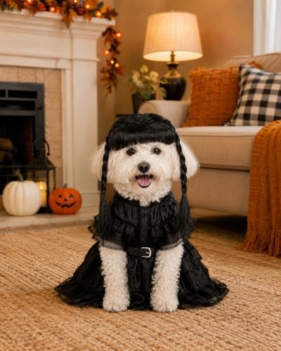 Dog Halloween Costume with Braided Wig, Gothic Black Tulle Dress and Belt Set for Small Medium Dogs, Creepy Cute Pet Cosplay Outfit for Puppy Cats, Spooky Party Apparel - Image 5