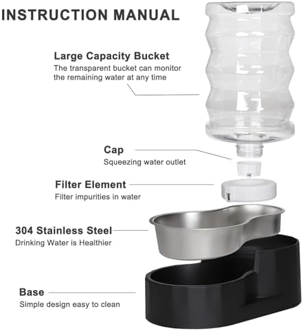RIZZARI 7L Dog Water Bowl Dispenser:Black Stainless Steel Gravity Bowl