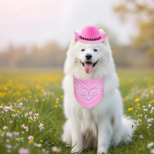 Dog Cowboy Costume, Dog Halloween Costumes Halloween Pet Dogs Cowboy Hat with Bandana Scarf for Small Medium Large Dogs Pets (Pink, Large) - Image 2