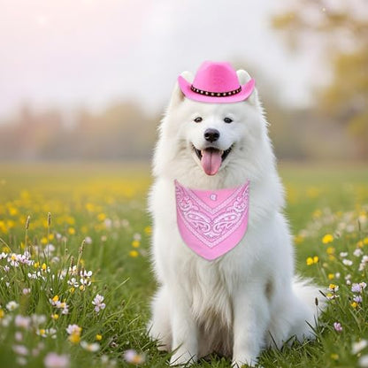 Dog Cowboy Costume, Dog Halloween Costumes Halloween Pet Dogs Cowboy Hat with Bandana Scarf for Small Medium Large Dogs Pets (Pink, Large) - Image 2