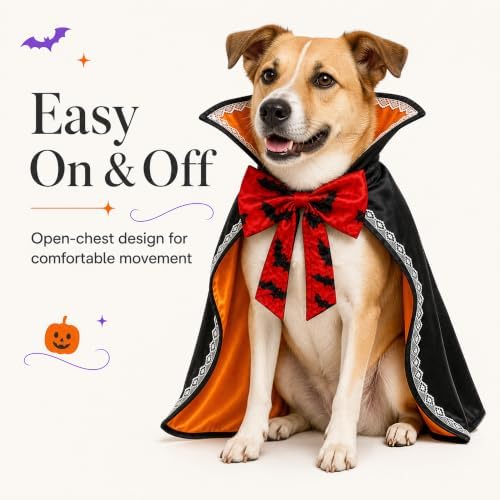 Halloween Dog & Cat Vampire Cape Costume, Satin-Look Pet Vampire Cloak with Bat Bow Tie and Stand-Up Collar, Adjustable Costume for Small, Medium, Large Dogs and Cats - Image 7