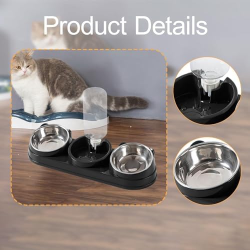 Triple Cat Bowls Pet Feeder with Water Dispenser 15° Tilted Wet and Dry Food Bowl Set for Small Dogs and Cats- Black