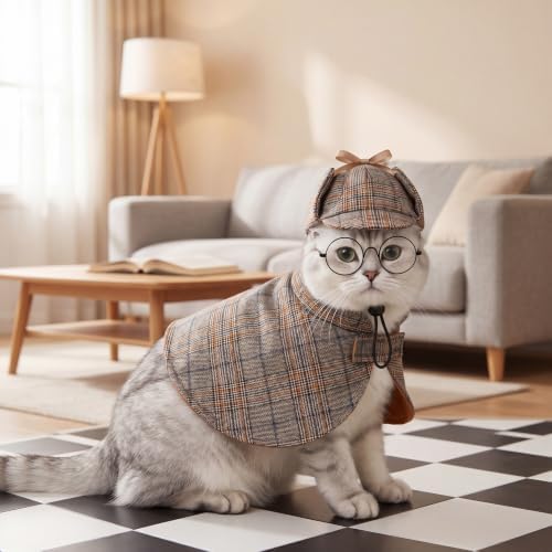 Ishua Dog Costume Set Detective Cloak Hat and Glasses for Small Dog and Cat - Image 4