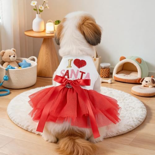 Handmade Floral Dog Dress with Bow, Princess Lace Pet Dress for Small Dogs and Cats, Lightweight Puppy Outfit M-Santa Small - Image 7