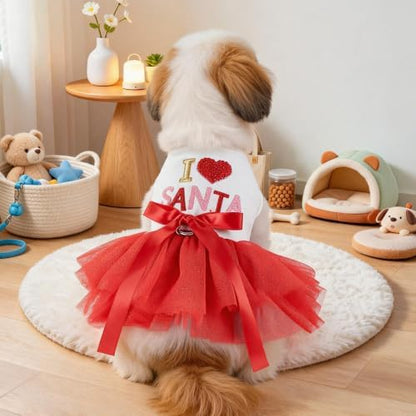 Handmade Floral Dog Dress with Bow, Princess Lace Pet Dress for Small Dogs and Cats, Lightweight Puppy Outfit M-Santa Small - Image 7