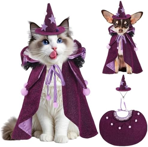 JOICEE Halloween Cat Costumes, Adjustable Small Purple Cat Wizard Cape by JOICEE