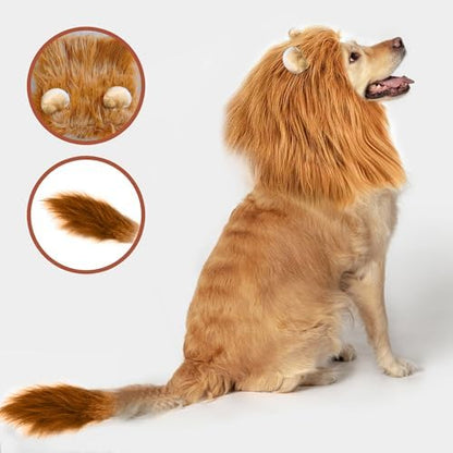 Lion Mane Dog Costume for Medium & Large Dogs - Realistic Lion Wig - Brown - Size M + Tail Set - Image 7