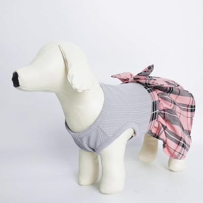 PUPTECK Cute Soft Plaid Dog Dress with Bow Puppy Skirt Clothes, Grey Pink L - Image 7