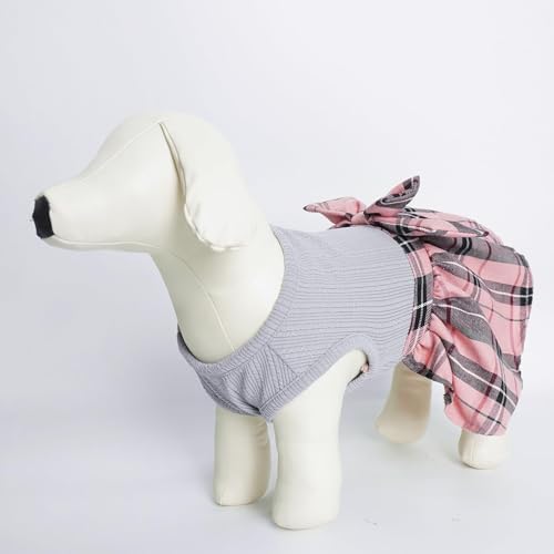 PUPTECK Cute Soft Plaid Dog Dress with Bow Puppy Skirt Clothes Grey Pink XS - Image 7